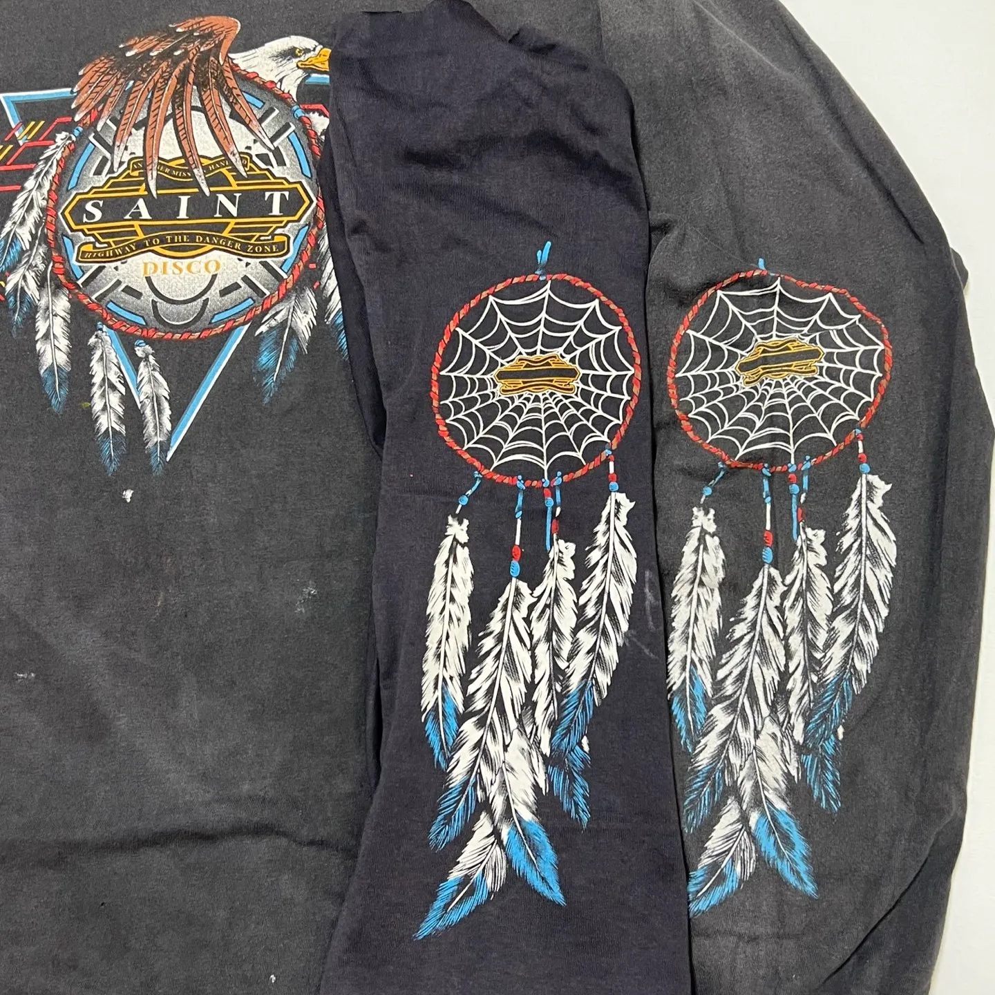 Authentic level printing technology SAINT Mxxxxxx x TEFLON DISCO SAINT DISCO ML_LS TEE/BLK Eagle Feather Spider Web Distressed Long Sleeve S-XL Ready-to-wear Assute dyeing Maliu water spray fading treatment Customized TEFLON DISCO co-branded accessories Hand-splashed ink Wormhole fraying treatment